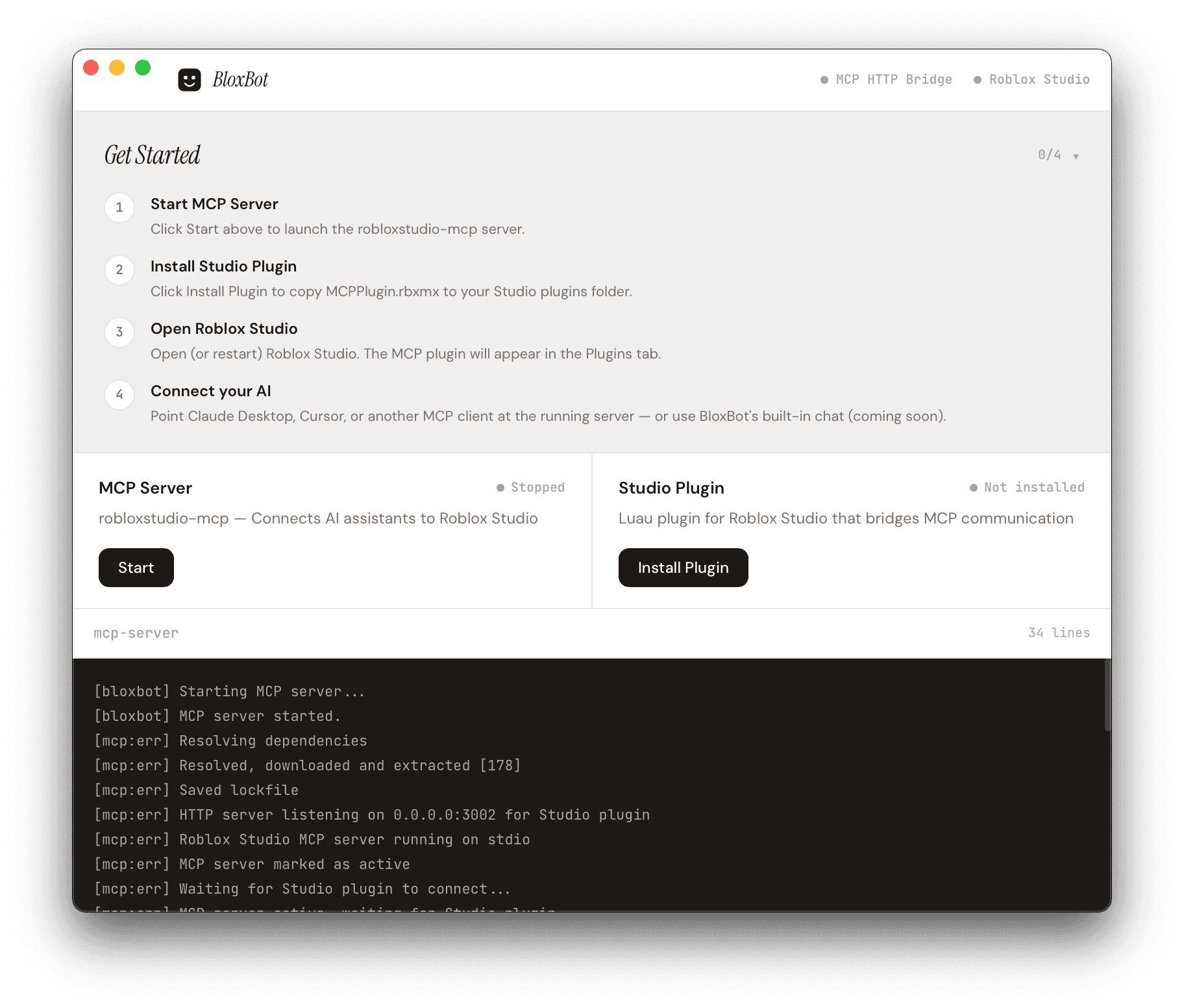 BloxBot desktop app showing the setup wizard with MCP server, Studio plugin installer, and terminal output